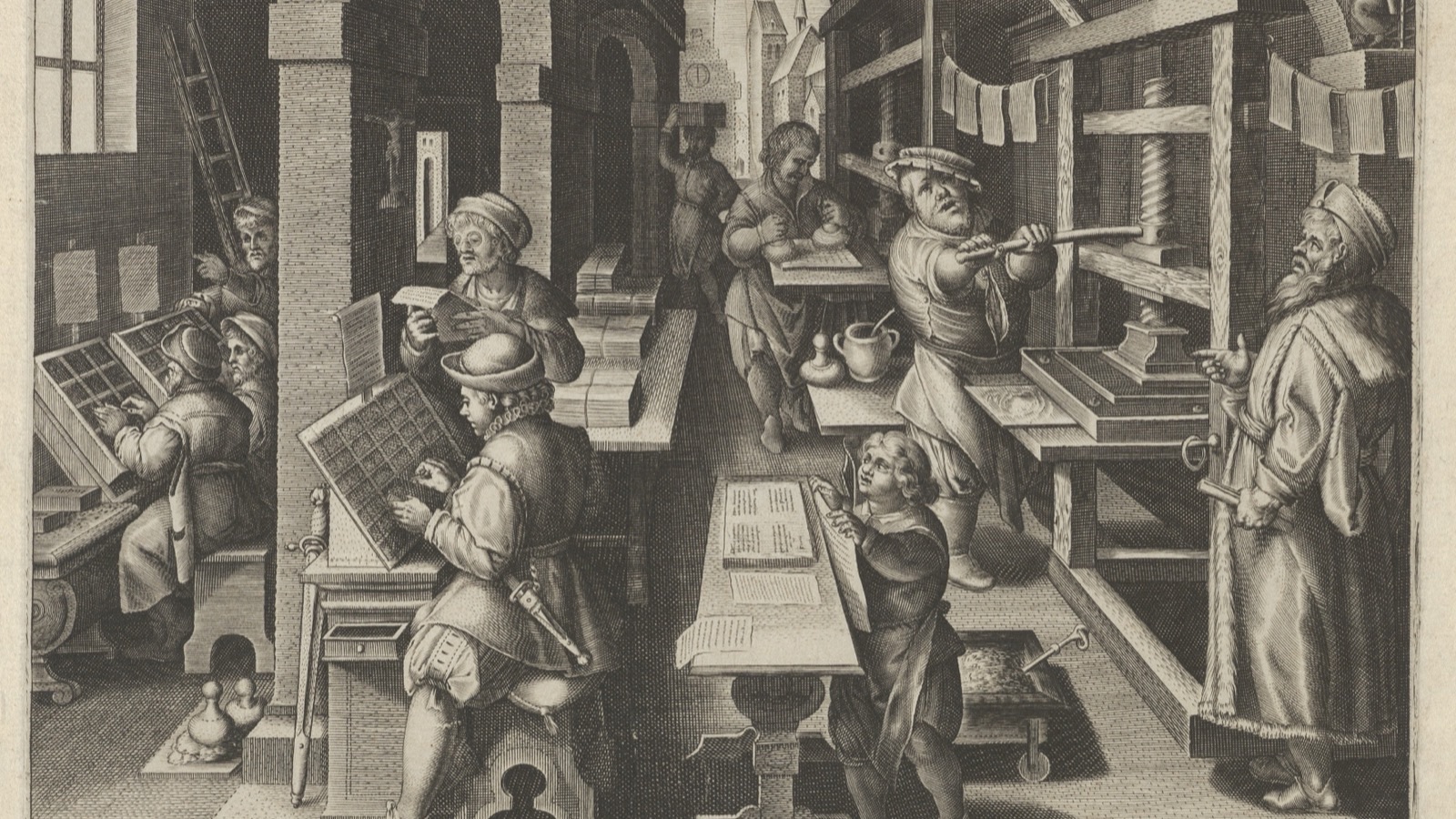 A busy sixteenth-century printing workshop, in Jan Collaert I's engraving 'The Invention of Book Printing' (ca. 1600)